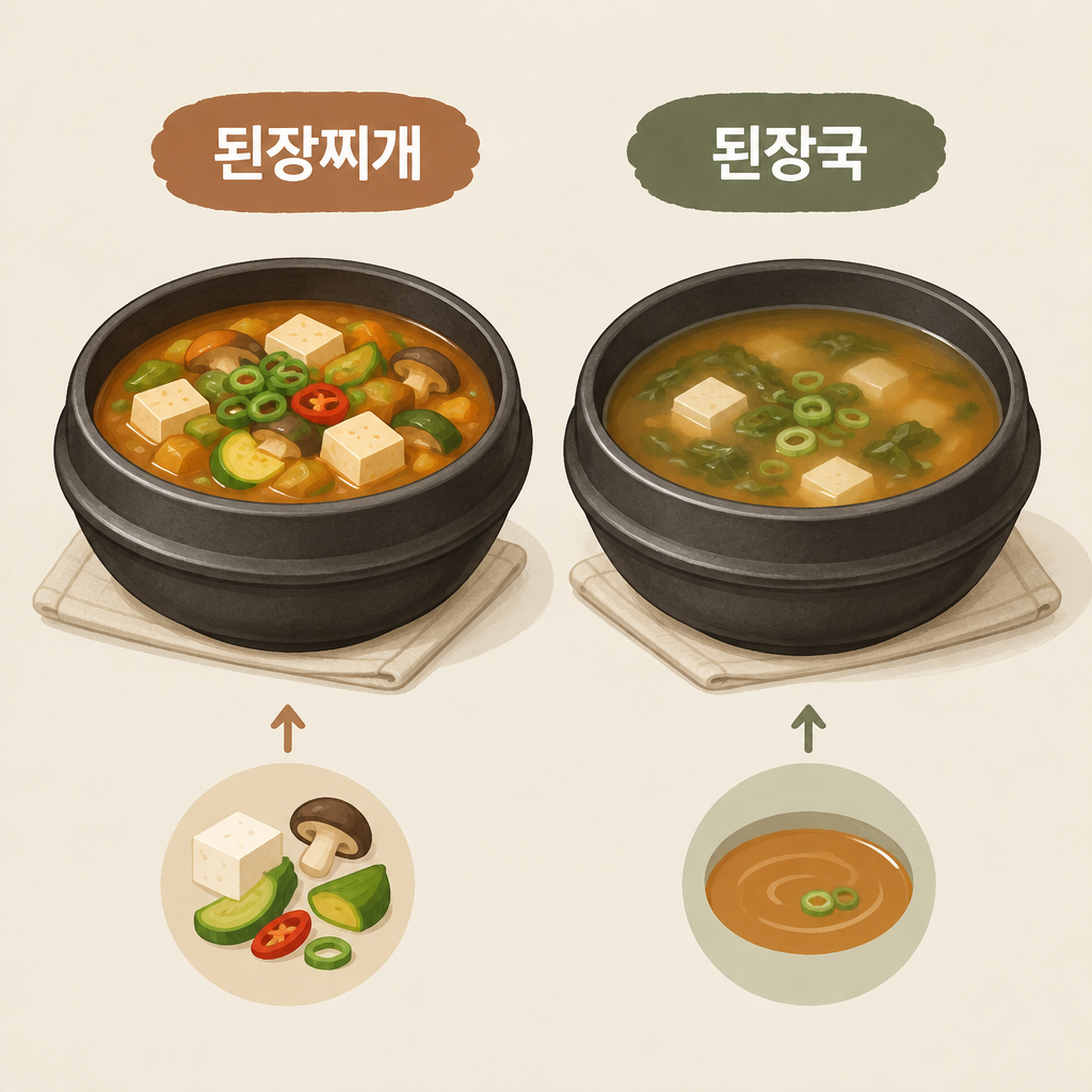 AI 생성 설명 이미지: 안산일동한우 유니드정육식당 | 된장찌개와 된장국, 메뉴 이름으로 구분할 수 있는 범위
