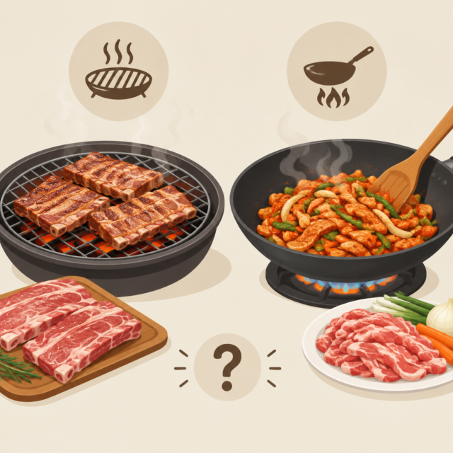 AI 생성 설명 이미지: 안산일동한우 유니드정육식당 | 돼지갈비와 제육볶음, 조리 방식은 어떻게 다를까?